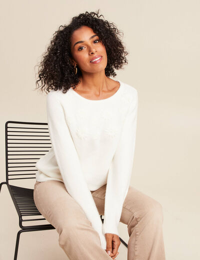 Pull brod&eacute; col rond manches longues ecru femme
