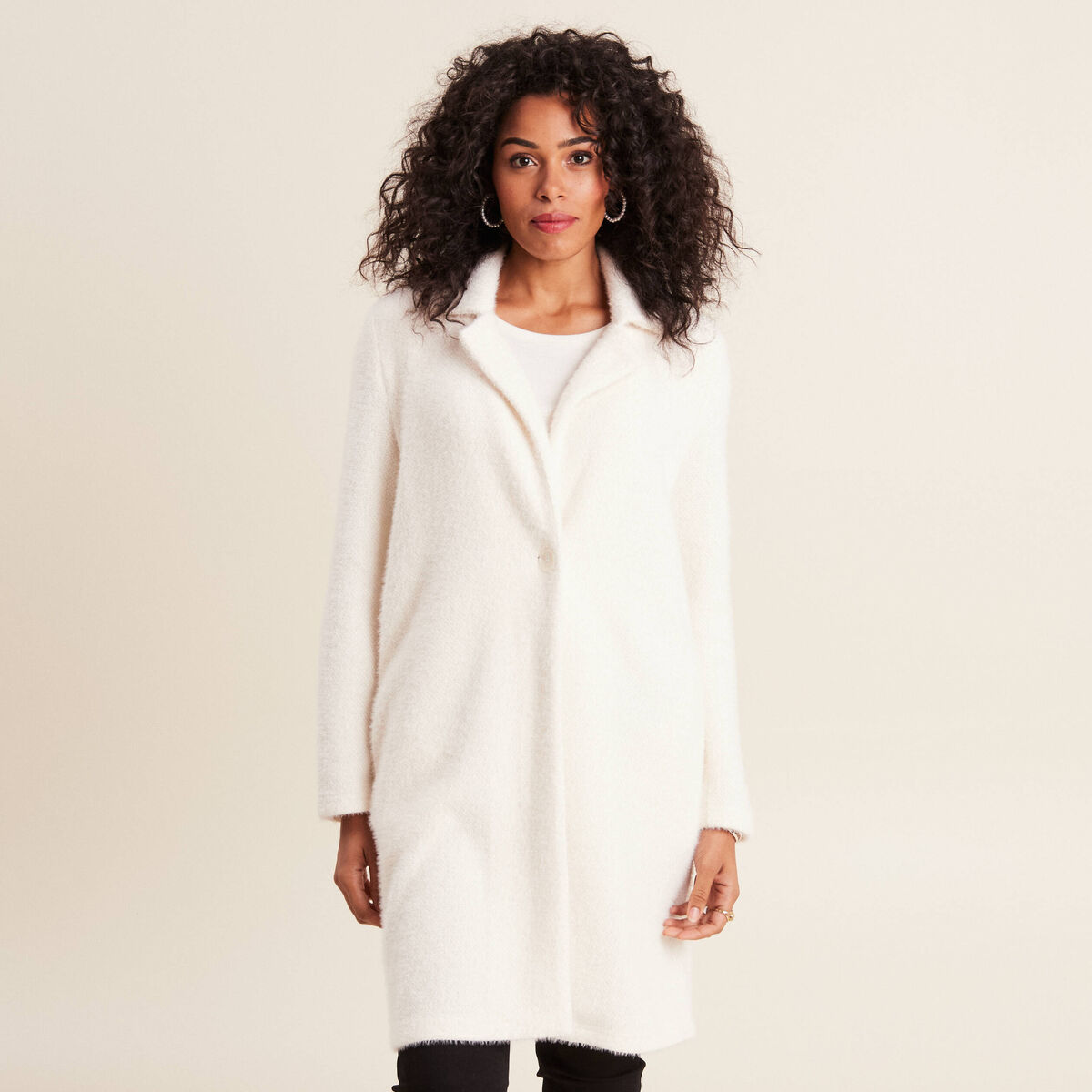 Gilet long boutonn&eacute; ecru femme