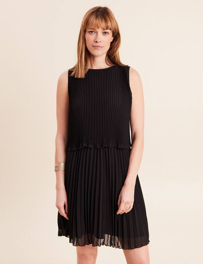 Robe pliss&eacute;e sans manches col rond noir femme