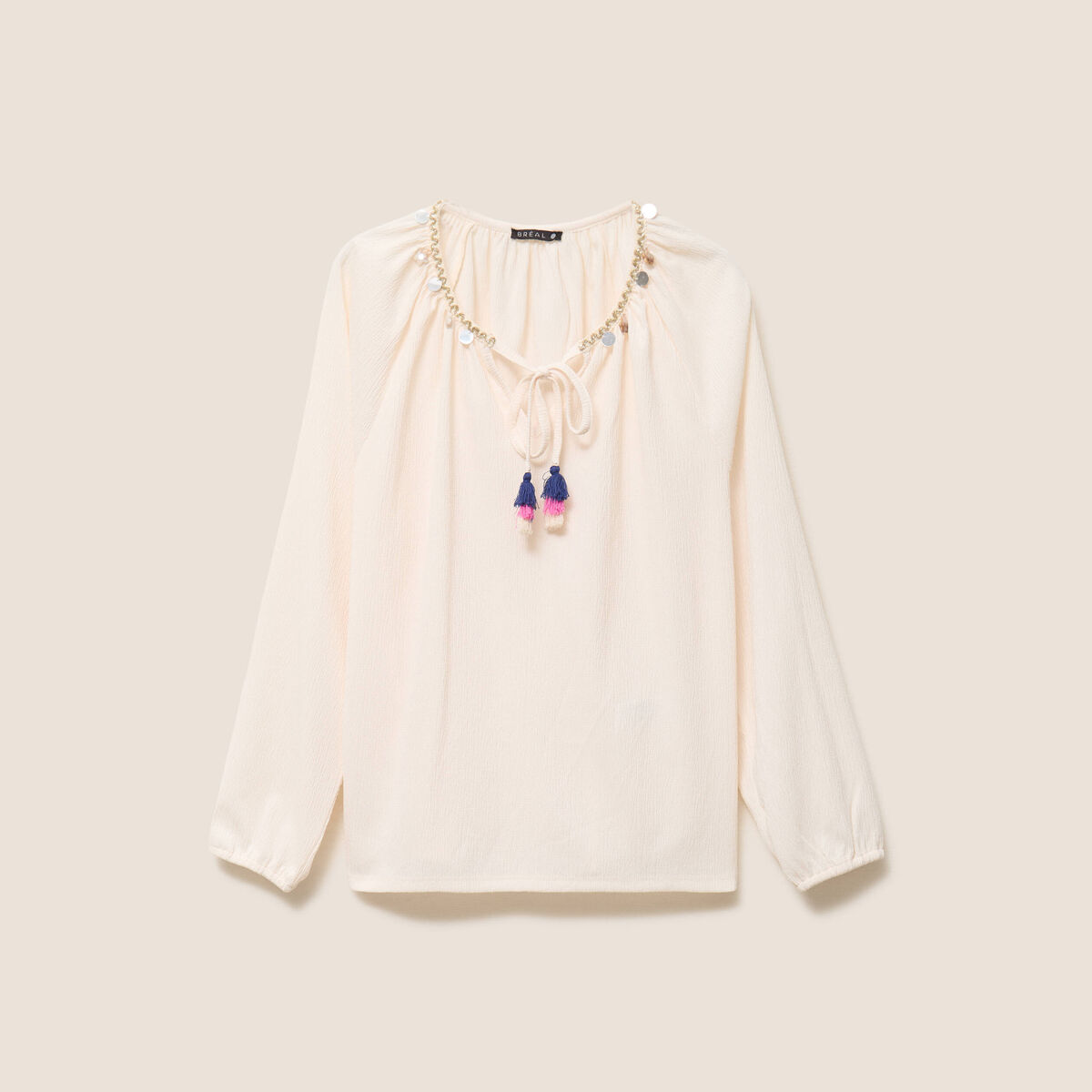 Blouse col tunisien manches longues ecru femme