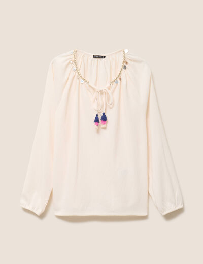 Blouse col tunisien manches longues ecru femme