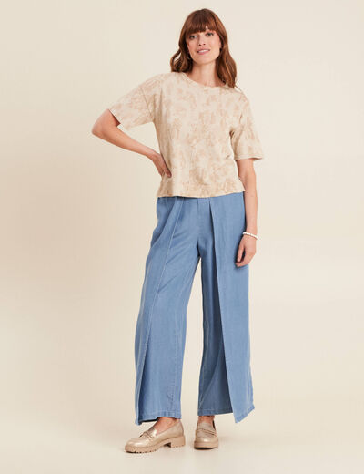 Pull col rond manches courtes beige femme