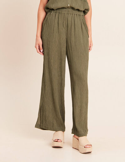 Pantalon large taille haute pliss&eacute; vert kaki femme
