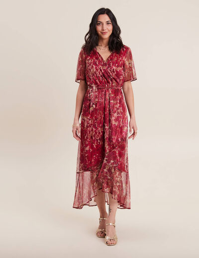 Robe longue portefeuille rose cerise femme