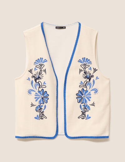 Gilet sans manches brodé tressé ecru femme