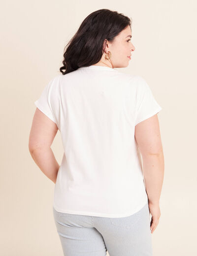 T-shirt col rond manches courtes brod&eacute; ecru femme