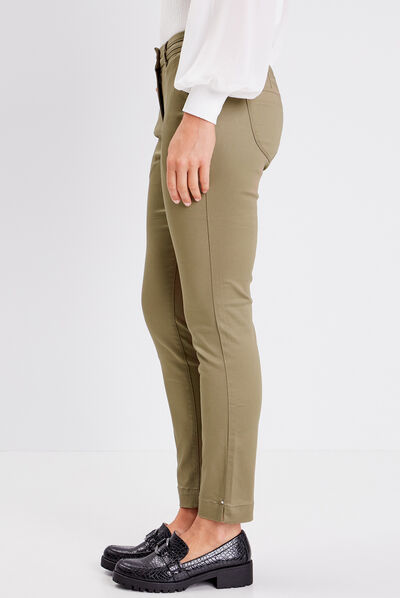 Pantalon ajusté enduit 7/8ème vert kaki femme