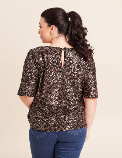 T-shirt &agrave; sequins manches coudes marron fonc&eacute; femme