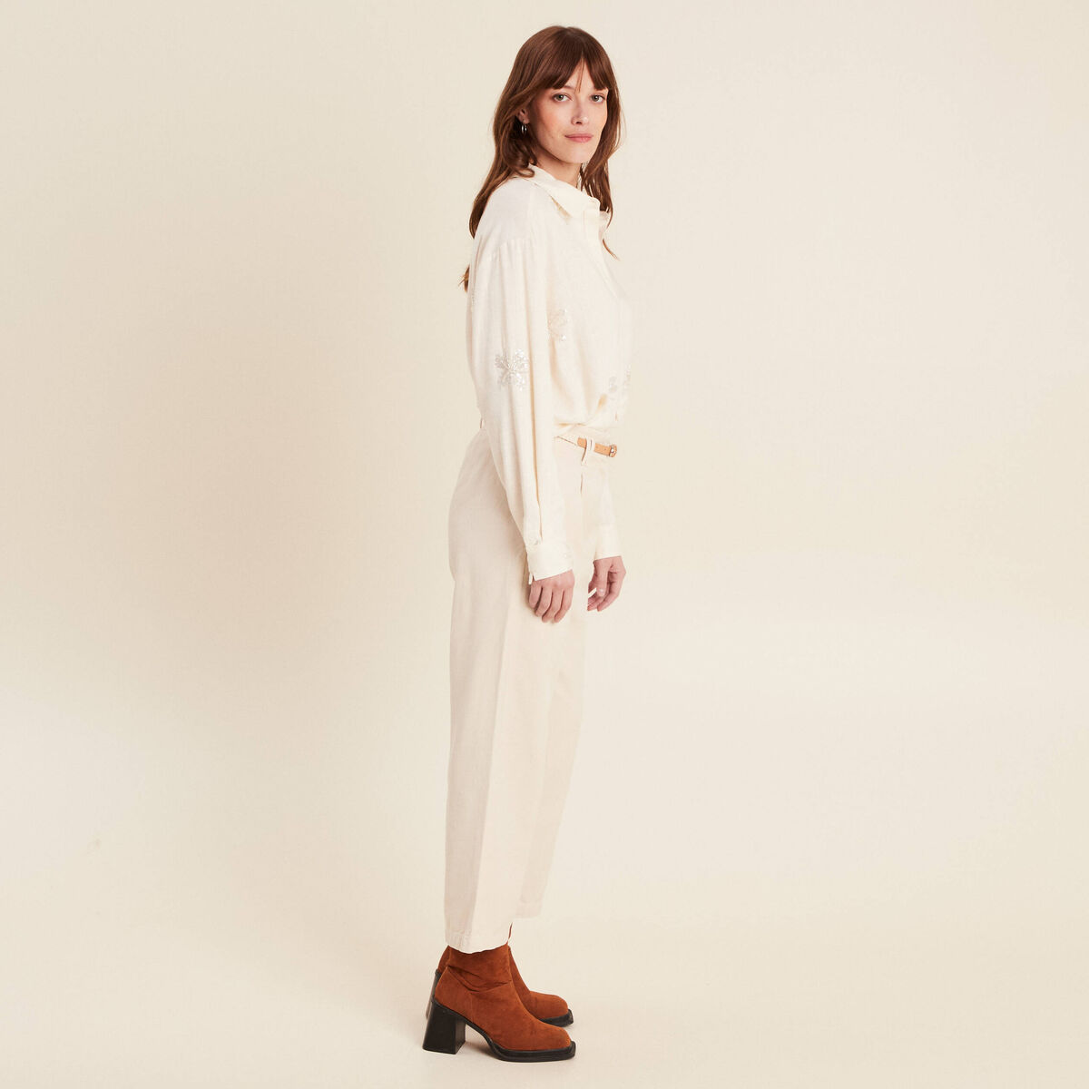 Pantalon large 7/8ème à pinces ivoire femme
