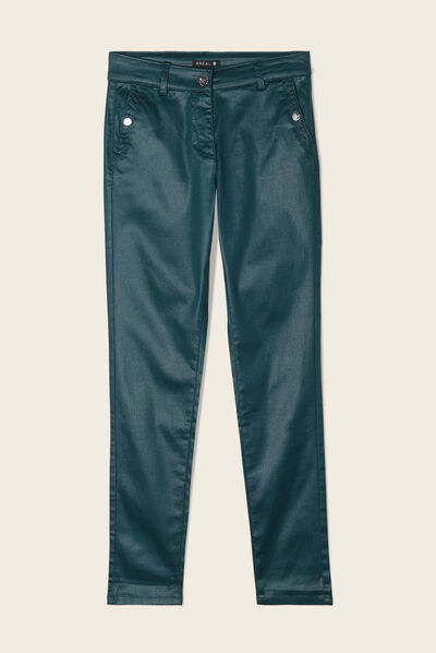 Pantalon ajusté enduit vert femme