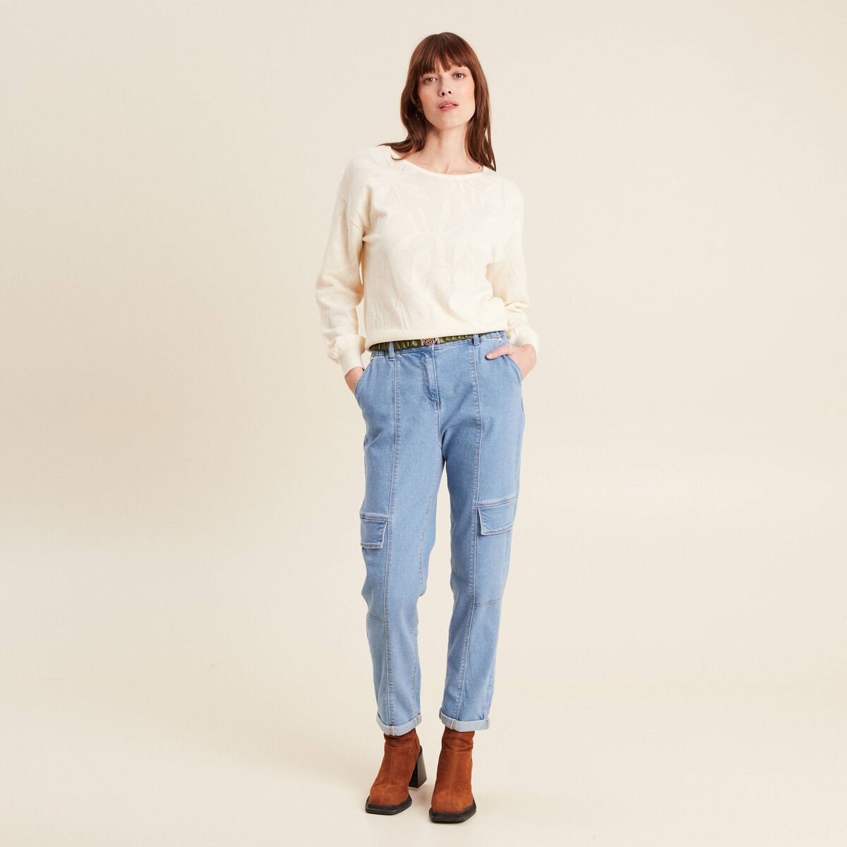 Pull manches longues ajouré ecru femme