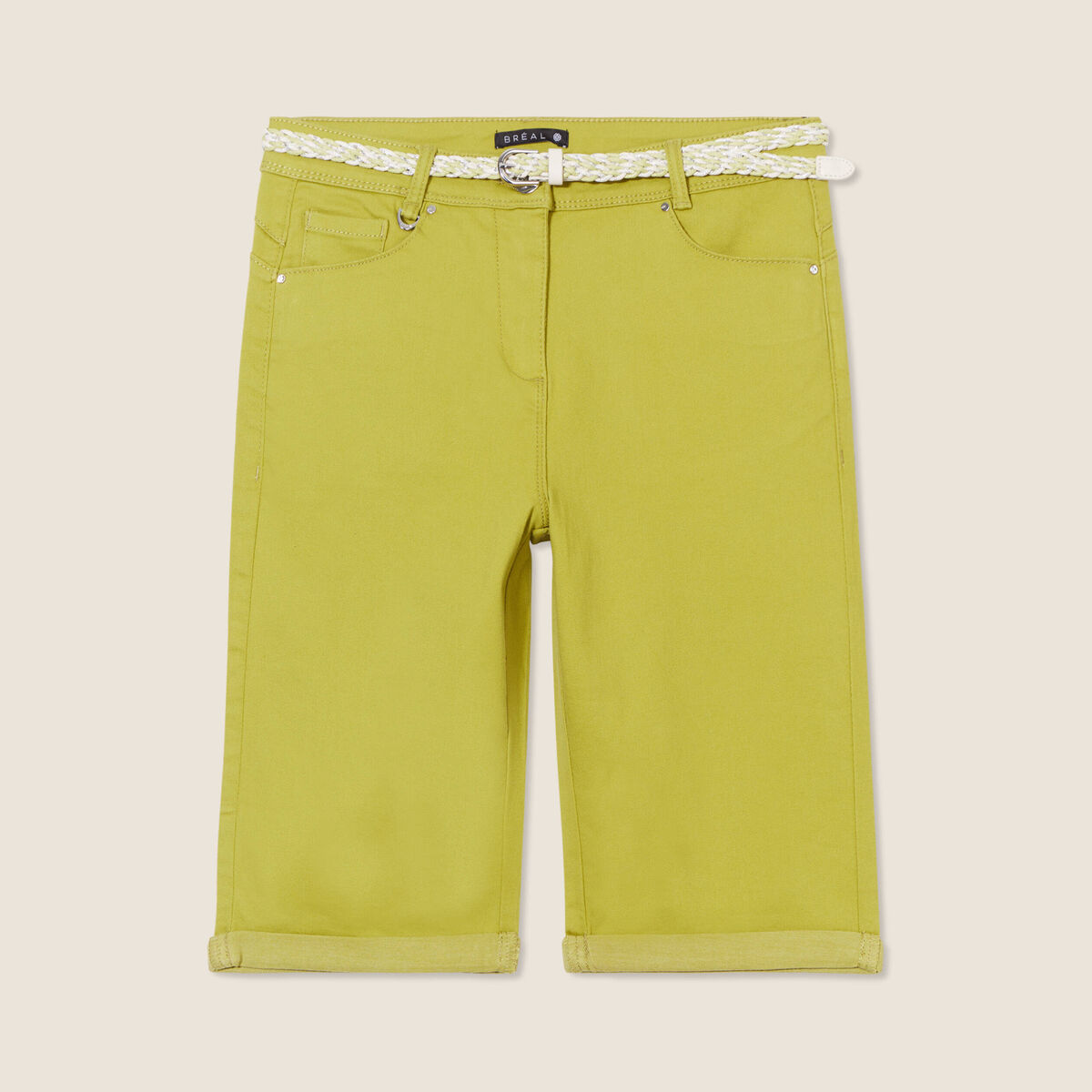 Bermuda ajusté ceinturé vert olive femme