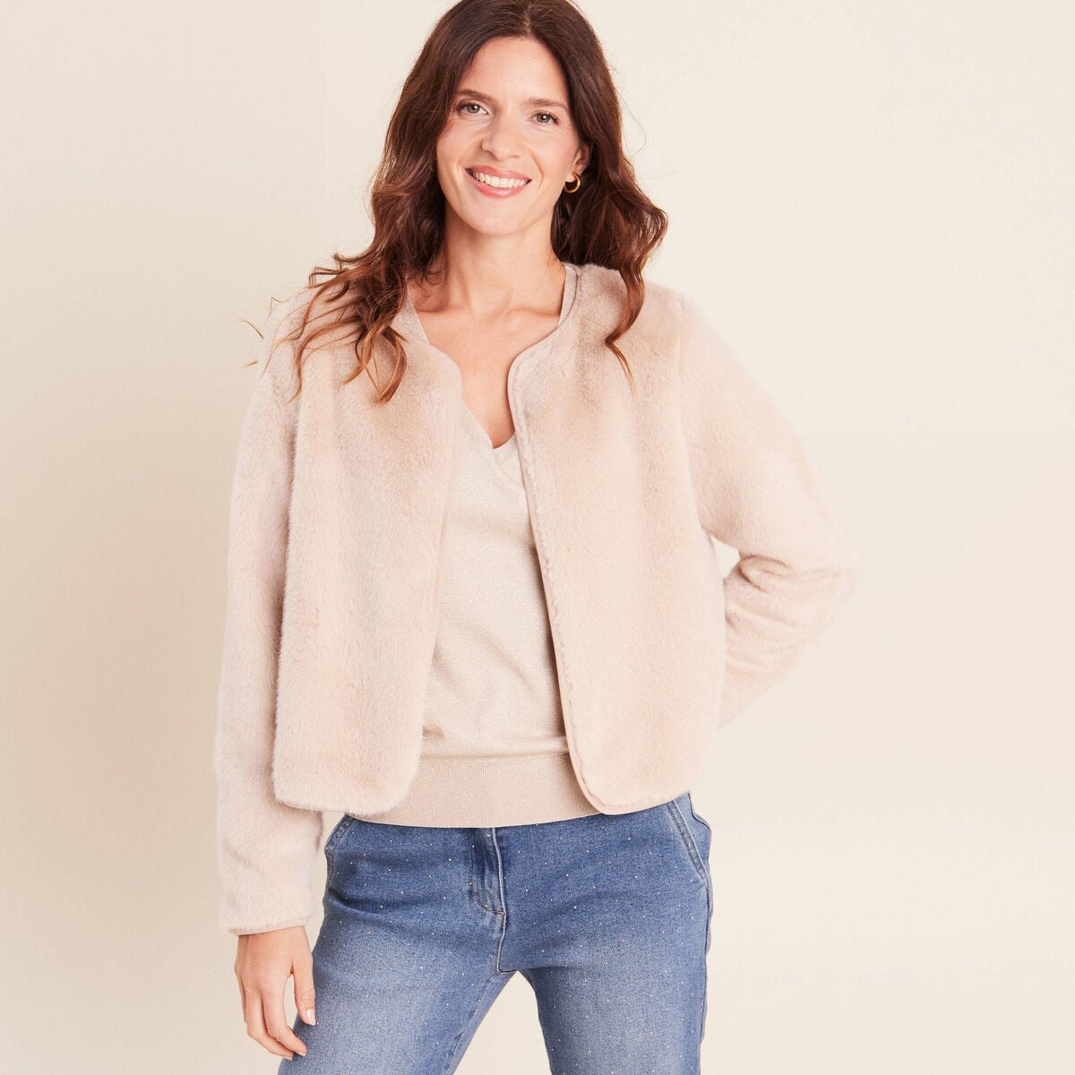 Veste manches longues fausse fourrure sable femme