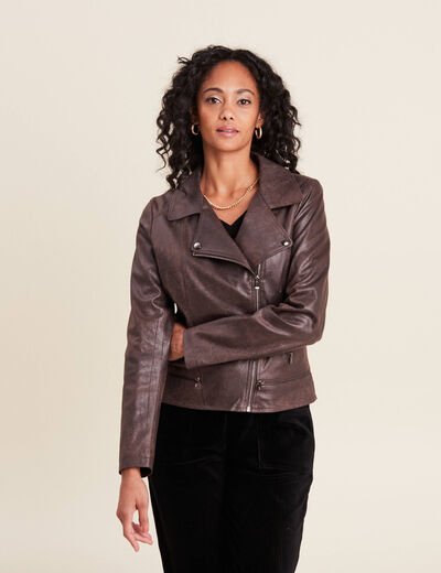 Veste esprit motard zippée marron foncé femme