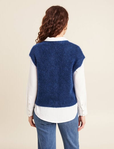 Gilet droit mi-long col v bleu marine femme