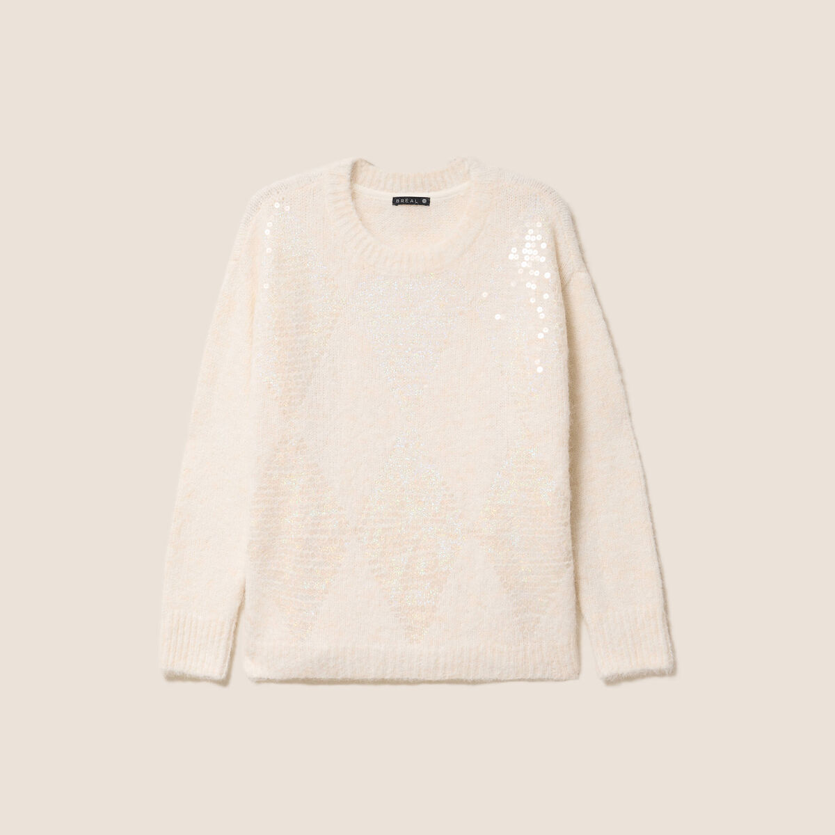 Pull col rond manches longues &agrave; sequins ecru femme