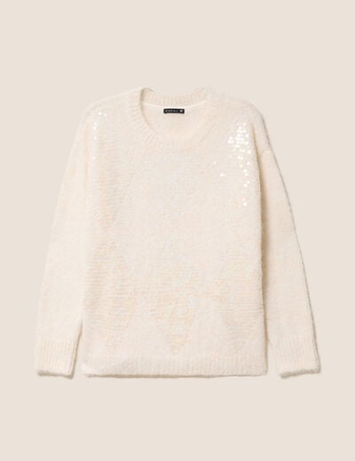Pull col rond manches longues &agrave; sequins ecru femme