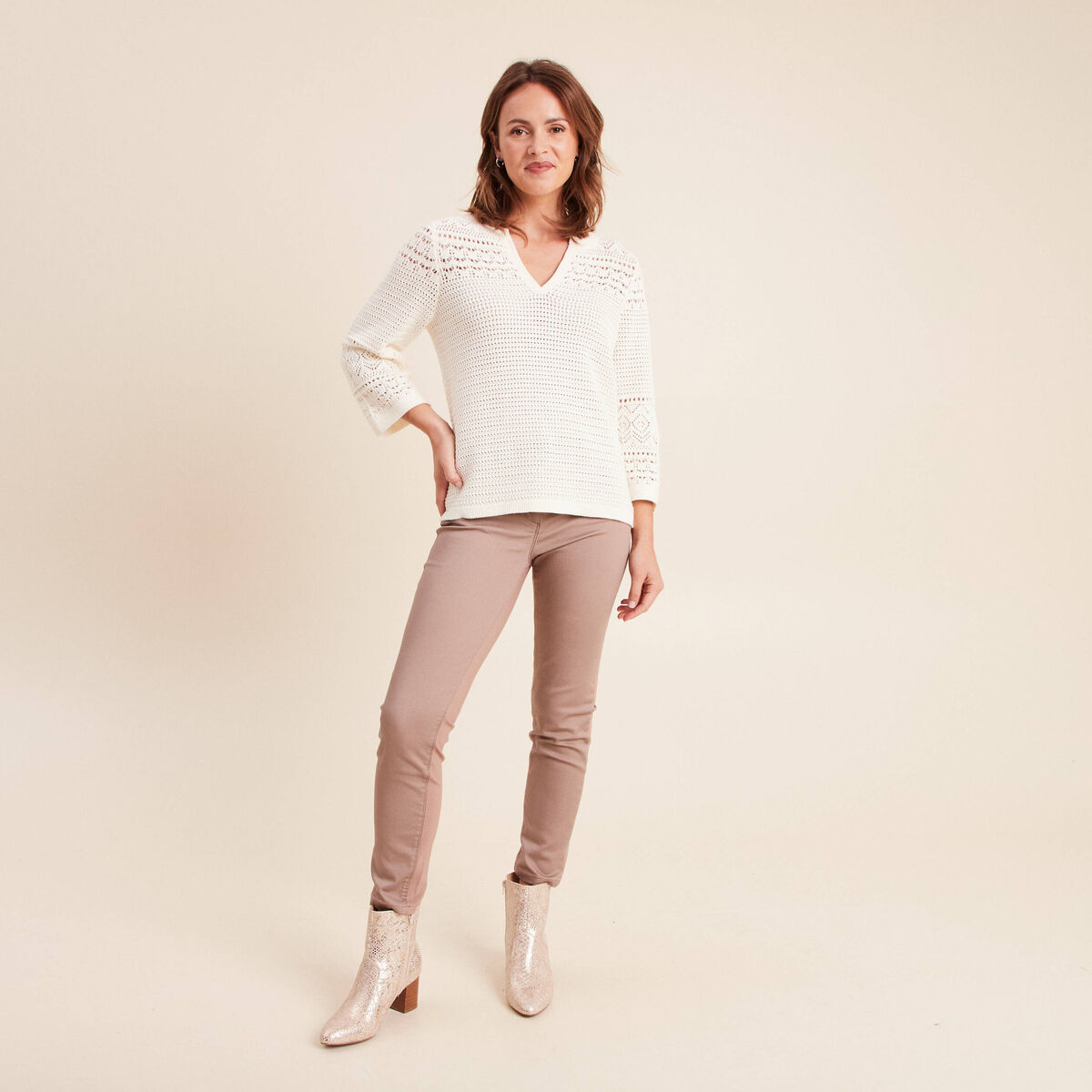 Pull col tunisien manches 3/4 ecru femme