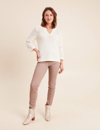 Pull col tunisien manches 3/4 ecru femme