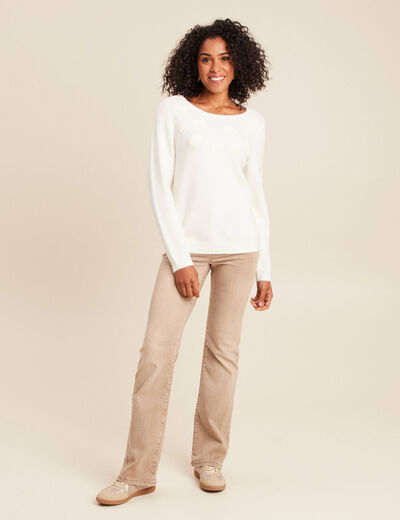 Pull brod&eacute; col rond manches longues ecru femme