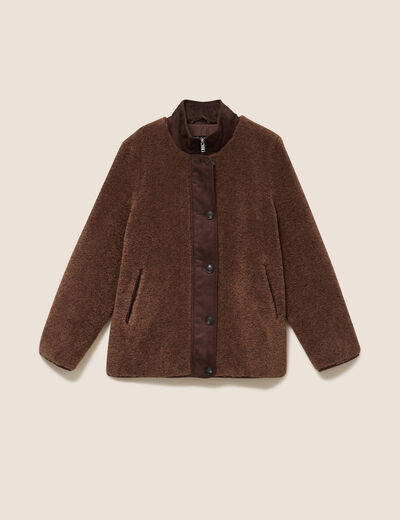 Manteau manches longues col montant marron fonc&eacute; femme