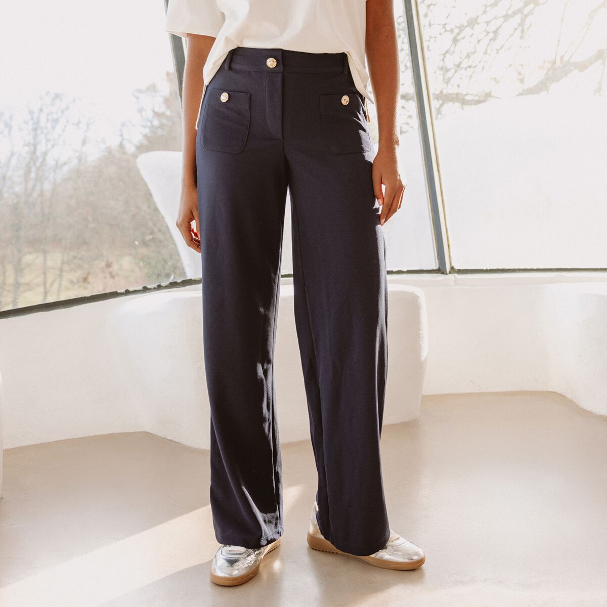 Pantalon coupe droite taille haute bleu fonc&eacute; femme