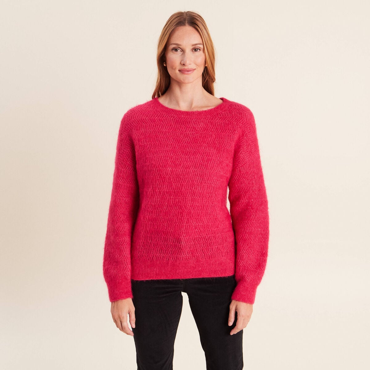 Pull droit col rond manches longues rose femme