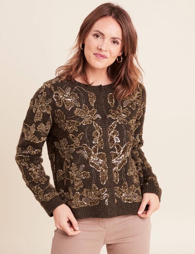 Gilet droit brod&eacute; &agrave; sequins vert kaki femme