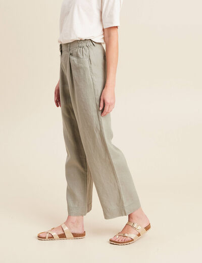 Pantalon droit 7/8ème en lin vert clair femme