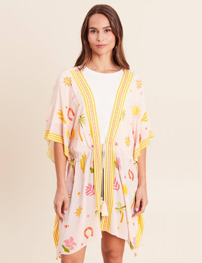 Kimono col v manches courtes brod&eacute; multicolore femme