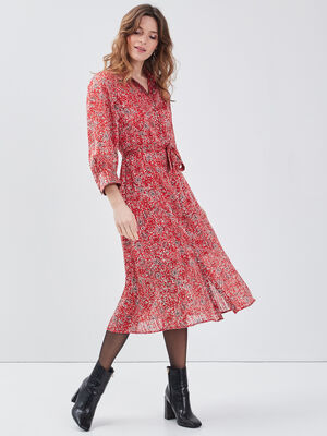 Robe longue evasee ceinturee rouge femme