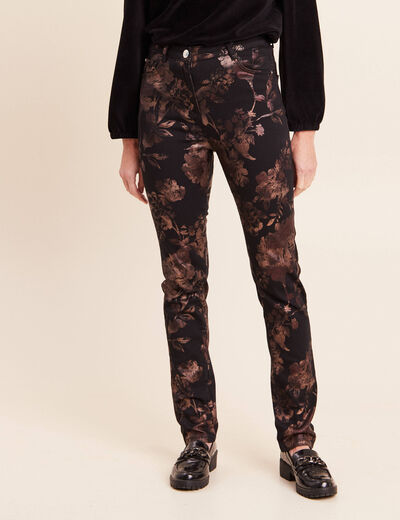 Pantalon ajust&eacute; taille haute denim noir enduit femme