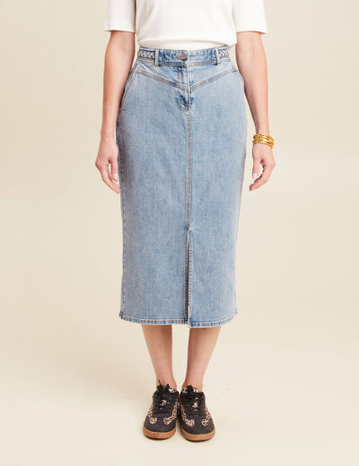 Jupe longue droite taille haute en jean denim double stone femme