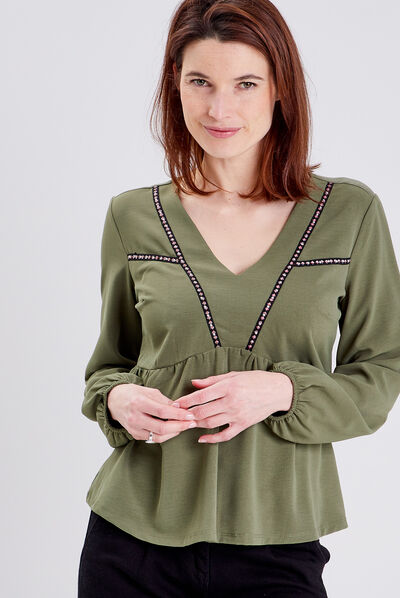 T-shirt manches longues vert kaki femme