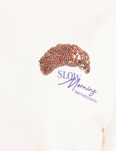 T-shirt avec print et broderie sequins ecru femme
