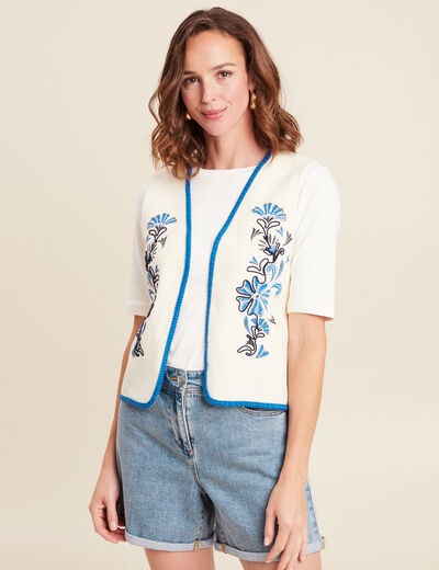 Gilet sans manches brodé tressé ecru femme