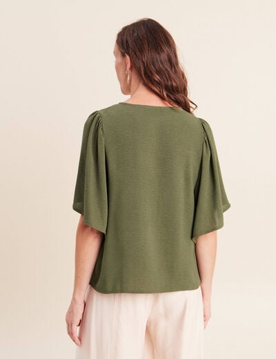 Blouse ample col v manches courtes vert kaki femme