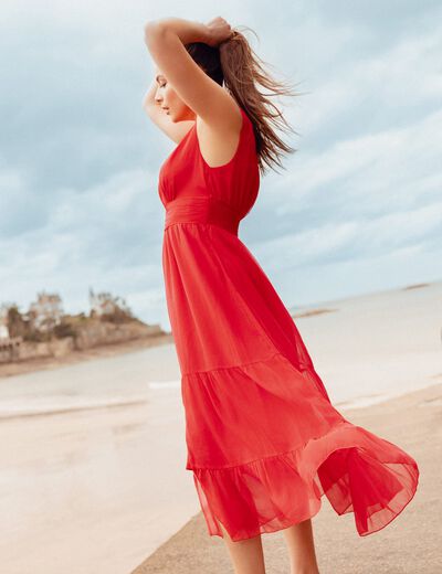 Robe longue évasée volants rouge femme