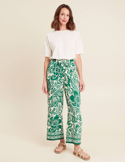 Pantalon large taille haute ecru femme