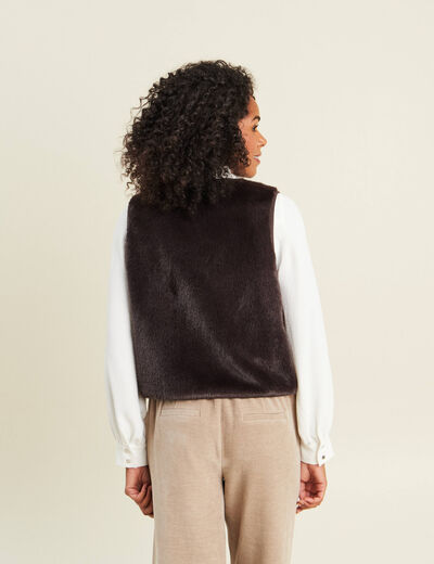 Gilet droit sans manches fausse fourrure marron fonc&eacute; femme