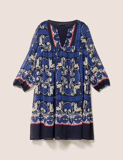 Robe courte &eacute;vas&eacute;e col tunisien bleu femme