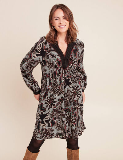 Robe fluide col v manches longues noir femme
