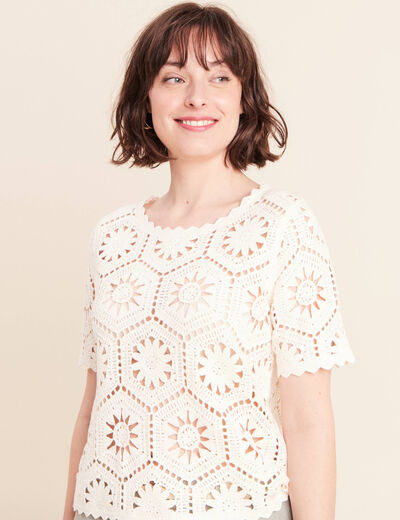 Pull col rond manches courtes dentelle ecru femme