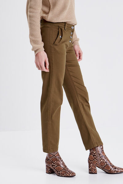 Pantalon droit boutonné vert olive femme