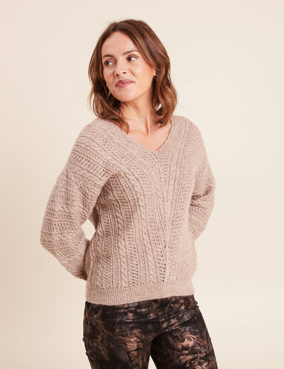Pull col V manches longues taupe femme