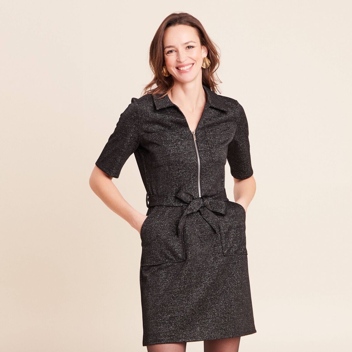 Robe &agrave; paillettes avec ceinture int&eacute;gr&eacute;e noir femme