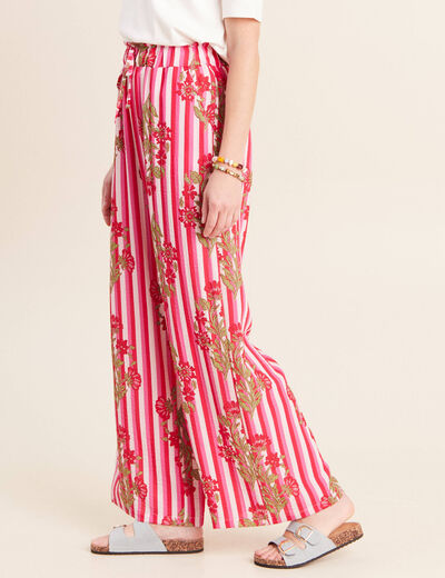 Pantalon large taille haute rose femme