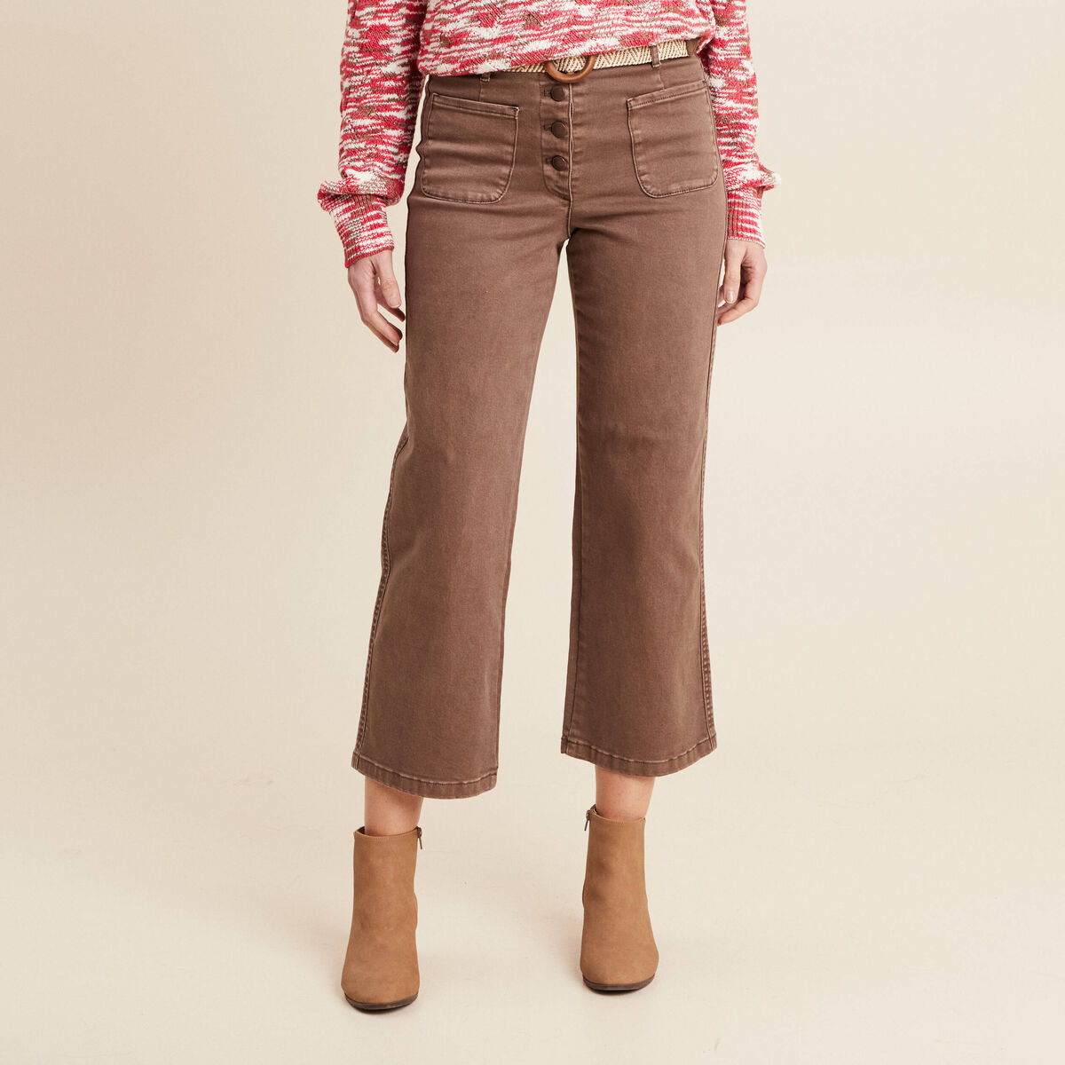 Pantalon large ceinturé 7/8ème bordeaux femme