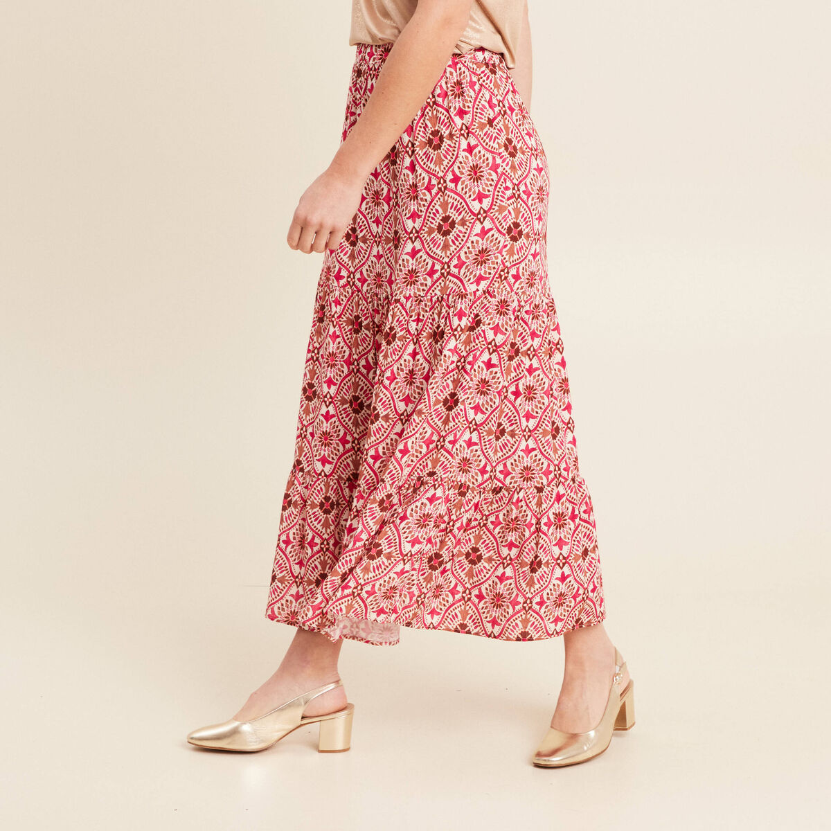 Jupe midi droite fluide rose femme