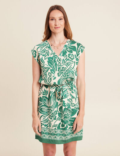 Robe droite courte col V manches courtes ecru femme